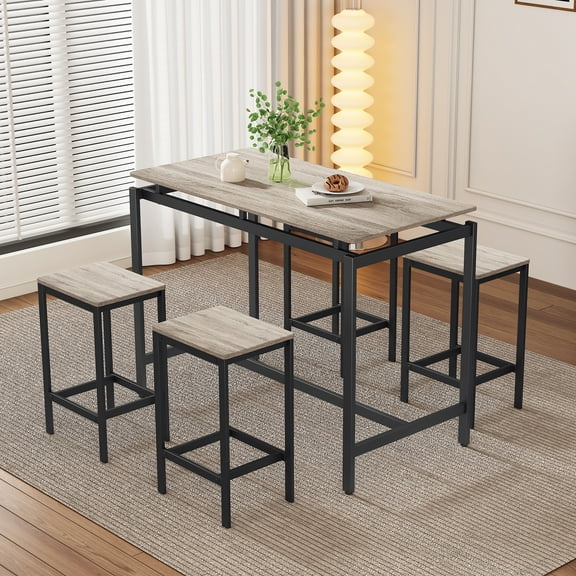 5-Piece Bar Table Set, Modern Pub Table Set with 4 Nesting Stools, Space-Saving Dining Furniture Set for Breakfast Nooks, Kitchens, and Small Spaces, Oak