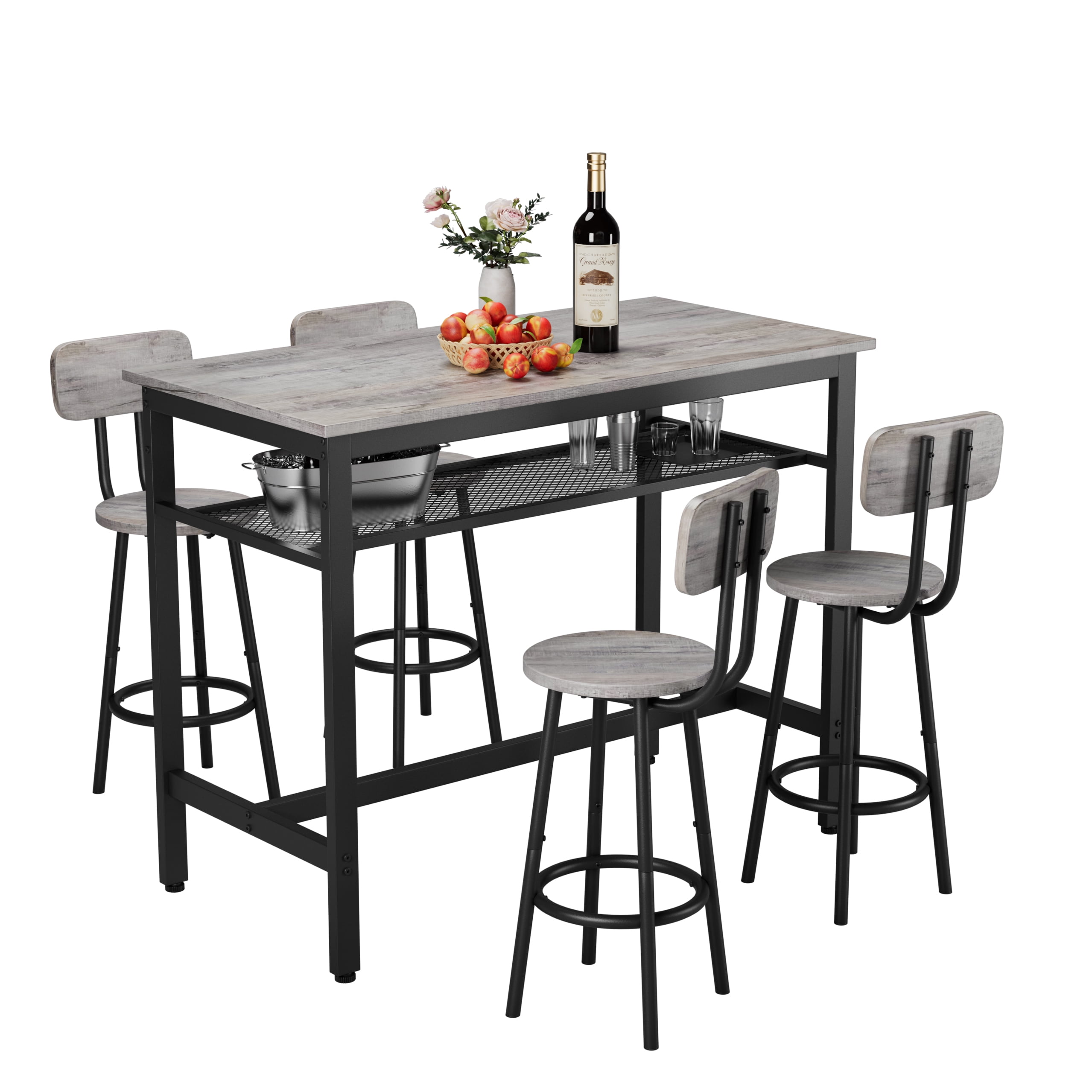 5-Piece Bar Table Set for 4, Counter Height Dining Table & Stools, Grey ...