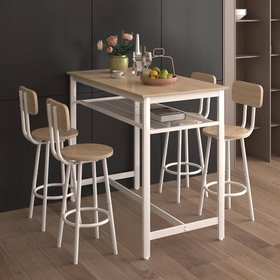5-Piece Bar Table Set with 4 Stools, Modern Metal Counter Height Dining Set for Kitchen, Living Room, or Breakfast Area (White Oak Finish)