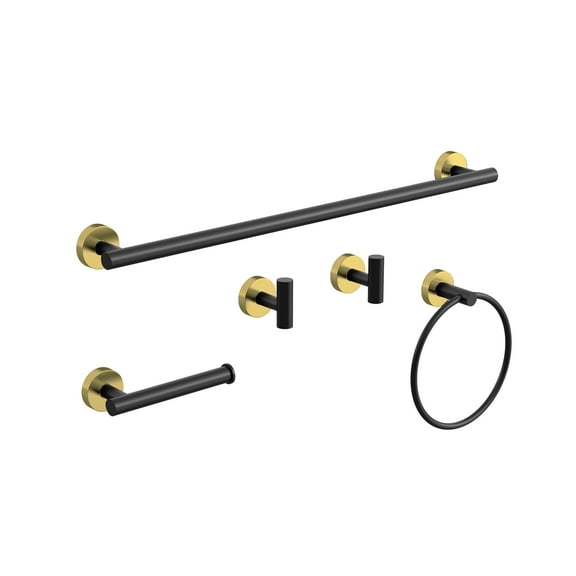 BWE 5-Piece Black and Gold Wall-Mounted Bathroom Hardware Set with Towel Bar Hook Toilet Paper Holder and Ring