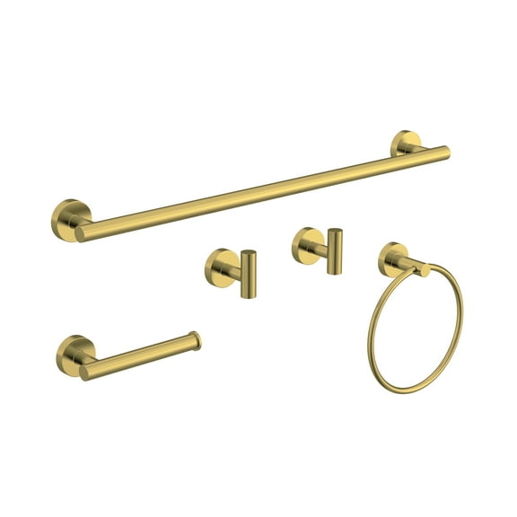 BWE 5-Piece Brushed Gold Wall - Mounted Bathroom Hardware Set with Towel Bar, Hook, Toilet Paper Holder and Ring