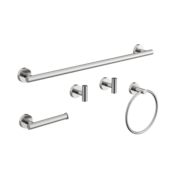BWE 5-Piece Brushed Nickel Wall-Mounted Bathroom Hardware Set with Towel Bar Hook Toilet Paper Holder and Ring