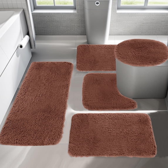 5 Piece Bath Mat Set, Non Slip Bathroom Rugs, Soft Absorbent Bath Mat with Long Hair Plush Velvet, Machine Washable for Home Bath and Shower