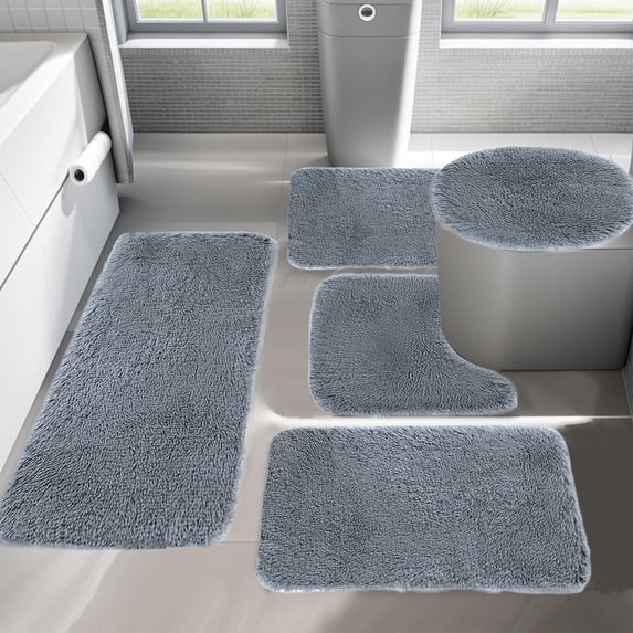 5 Piece Bath Mat Set, Non Slip Bathroom Rugs, Soft Absorbent Bath Mat with Long Hair Plush Velvet, Machine Washable for Home Bath and Shower