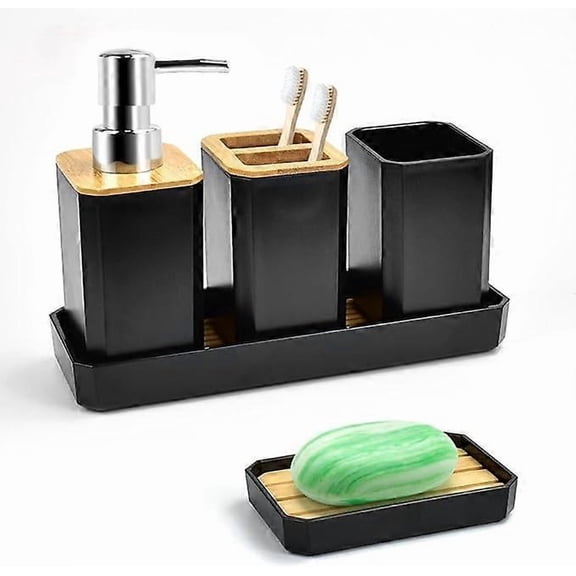 5 Piece Bathroom Accessories Set Bamboo Bathroom Accessory with Lotion Bottles, Toothbrush Holder, Tooth Tumbler, Soap Dish, Tray (Black)