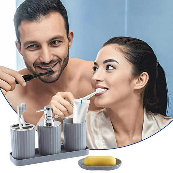5-Piece Bathroom Accessories Set Gray - Modern ABS Soap Dispenser & Toothbrush Holder with Tray, Boho Vanity Organizer Kit for Countertop, Housewarming Gift
