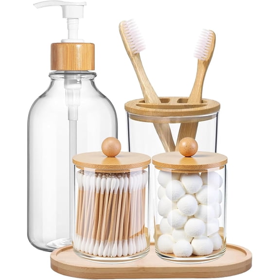 5-Piece Bathroom Accessories Set with Bamboo Tray, Clear Soap Dispenser, Toothbrush Holder, 2 Qtip Holder Jars, Plastic Vanity Organizer Set