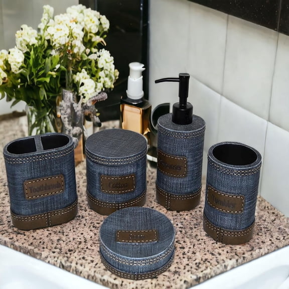 5 Piece Bathroom Accessory Set, Blue Denim Design, Home Decor
