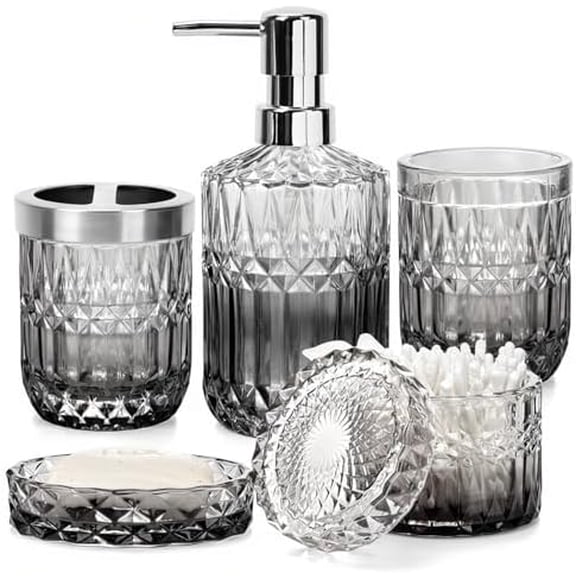 5-Piece Bathroom Accessory Set, Diamond Glass Bathroom Soap Lotion Dispenser, Toothbrush Holder, Tray, Jar, Tumbler, Luxury Vanity Organizer, Elegant Home Decor$$Home Decor, Kitchen, & Other