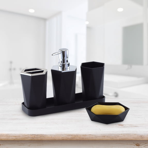5-Piece Bathroom Accessory Set with Soap Dispenser Toothbrush Holder and Tray, Plastic Material, Modern Style for Counter Organization, Includes Soap Dish and Cup