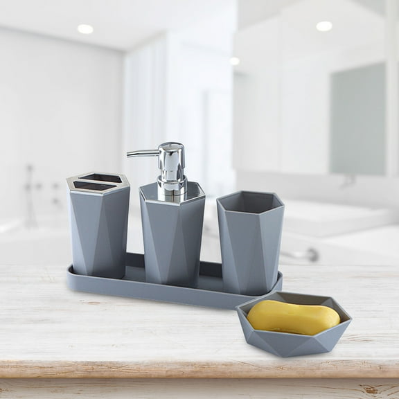 5-Piece Bathroom Accessory Set with Soap Dispenser Toothbrush Holder and Tray, Plastic Material, Modern Style for Counter Organization, Includes Soap Dish and Cup
