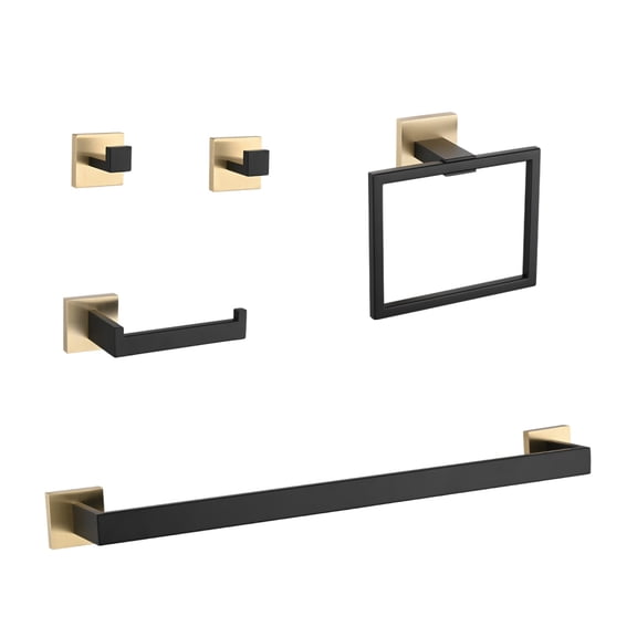 5-Piece Bathroom Hardware Accessories Set, Gold Matte Black Stainless Steel Wall Mounted Bath Towel Bar Set with Two-Tone Design