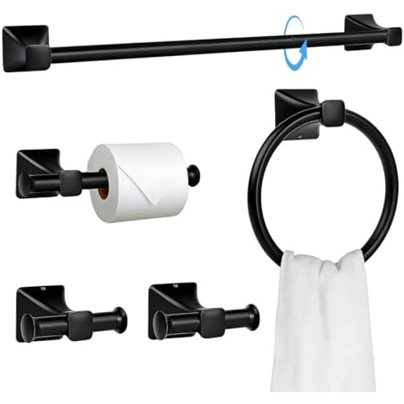 5 Piece Bathroom Hardware Accessories Set, SUS304 Stainless Steel Bath Towel Bar Set, 24 Inch Towel Racks for Bathroom Wall Mounted, Bath Towel Holder Set, Matte Black