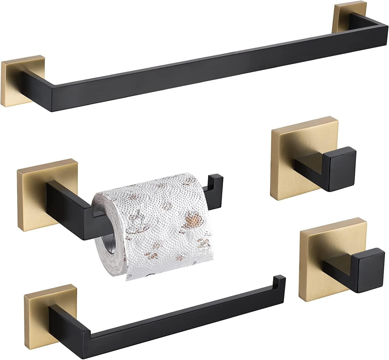 5Piece Bathroom Hardware Set Black and Gold Towel Bar Holder Sets Hand