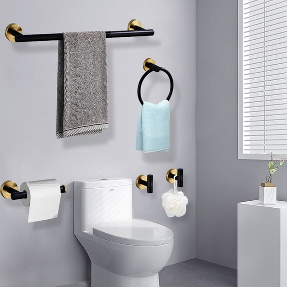 5-Piece Bathroom Hardware Set Black and Gold, Towel Rack Set Stainless Steel Wall Mounted - Include 23.6 in Bath Towel Bar, 2 Robe Towel Hooks, Toilet Paper Holder and Towel Ring