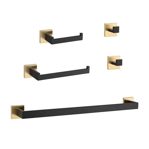 5-Piece Bathroom Hardware Set, Gold Matte Black Stainless Steel Wall Mounted Bath Towel Bar Set with Contrast Design