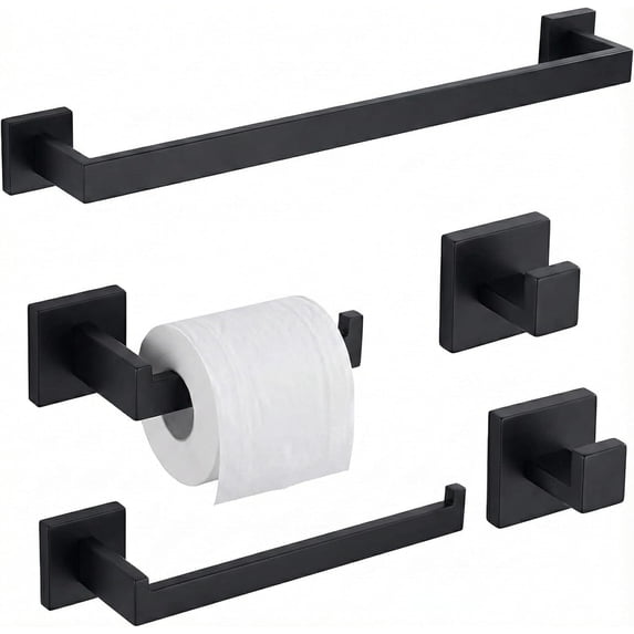 Matte Black 5-Piece Bathroom Hardware Set with 16-Inch Towel Bar, Toilet Paper Holder, Robe Hooks, SUS304 Stainless Steel Modern Square Design