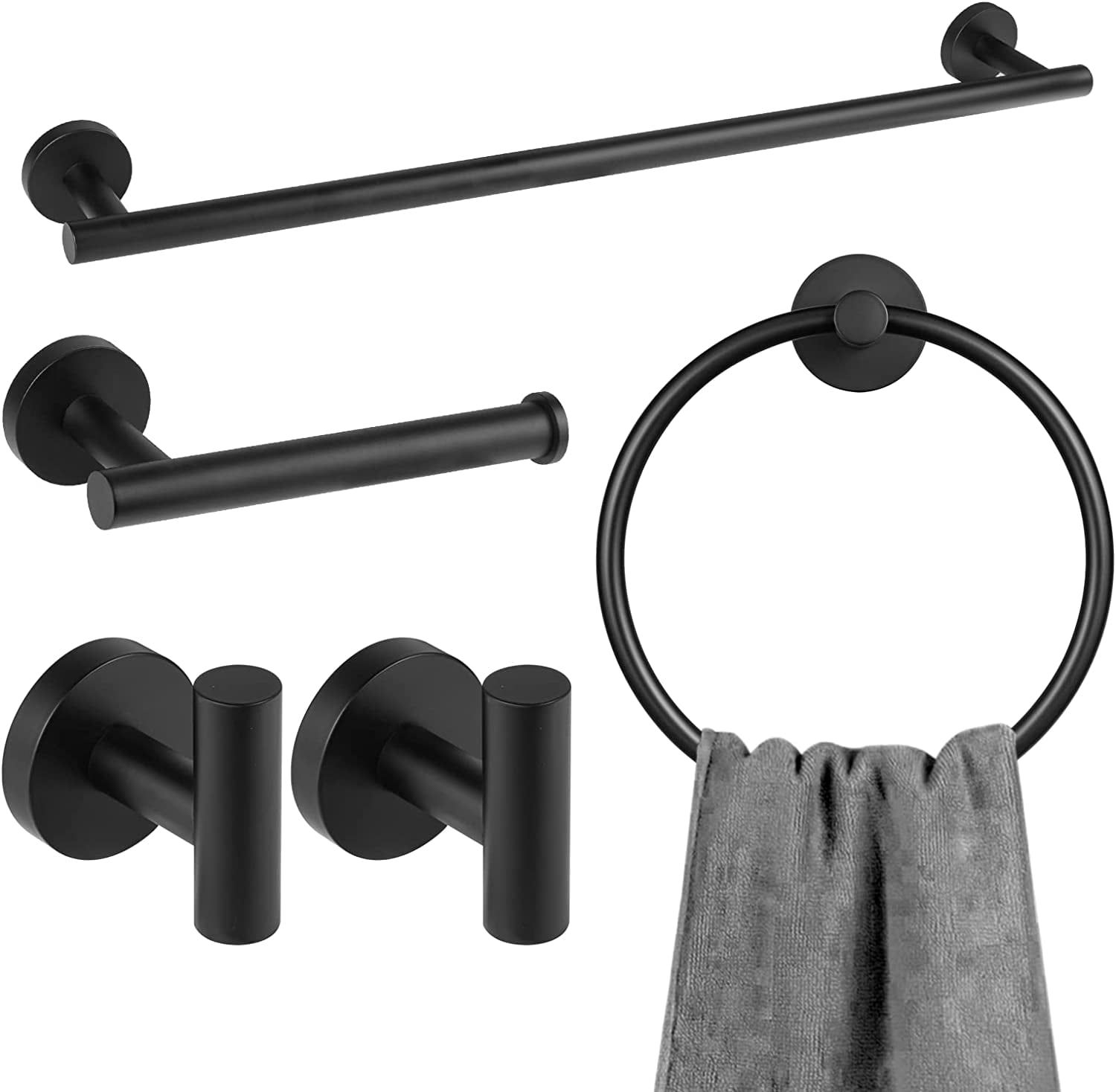 5-Piece Bathroom Hardware Set Matte Black, Towel Rack Set Stainless Steel Wall Mounted - Include 23.6 in Bath Towel Bar, 2 Robe Towel Hooks, Toilet Paper Holder and Towel Ring