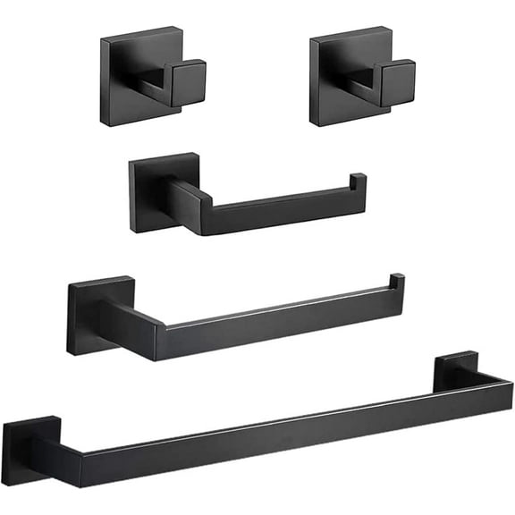 stusgo 5-Piece Black Bathroom Bathroom Hardware Set in SUS 304 Stainless Steel. The Set Includes a 40cm Towel Bar, Toilet Paper Holder, Hand Towel Holder, and 2 Towel Hooks，Wall Mounted