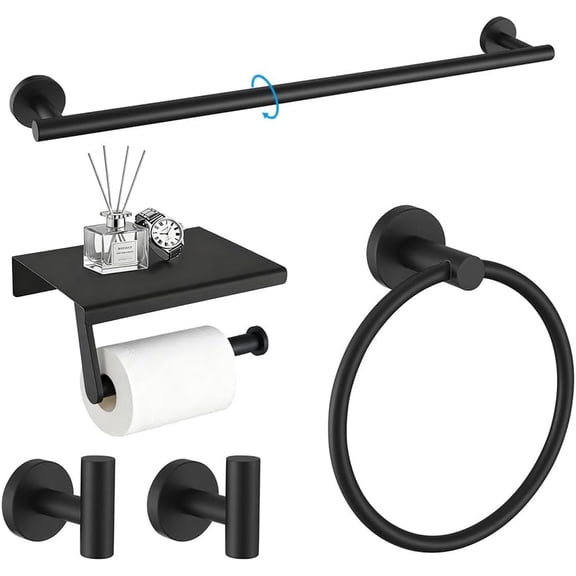 5-Piece Bathroom Hardware Set, Stainless Steel Towel Bar, Towel Ring, Toilet Paper Holder & 2 Hooks, Concealed Mounting, Rust-Resistant, Supports Up to 33 lbs, Matte Black Bathroom Accessories