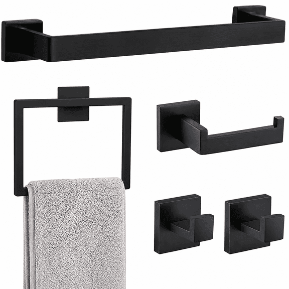 5-Piece Bathroom Hardware Set with Towel Bar, Hook, Paper Holder and Ring
