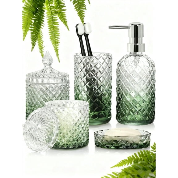5-Piece Bathroom Set, Gradient Glass Soap Dispenser With Soap Dish & Toothbrush Holder, Tumbler, Cotton Swab Jar, Complete Bathroom Organizer,Vintage Bathroom Sink Set, Modern Bathroom Decor