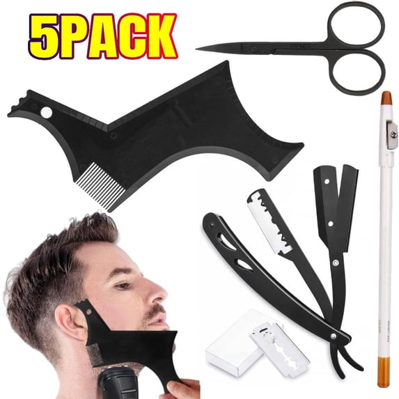 5 Piece Beard Shaping Tool Beard Shaper, Professional Straight Edge Razor,Beard Template,10 Count of Double Edge Blades,Barber Pencil and Stainless Steel Scissors
