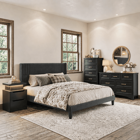 4-Piece Bedroom Furniture Set, Queen Bed Frame with Wingback Headboard, 2-Drawer Nightstand with Metal Handles, Tall 5-Drawer and Wide 7-Drawer Dresser with Anti-Tip Safety -Beige&White
