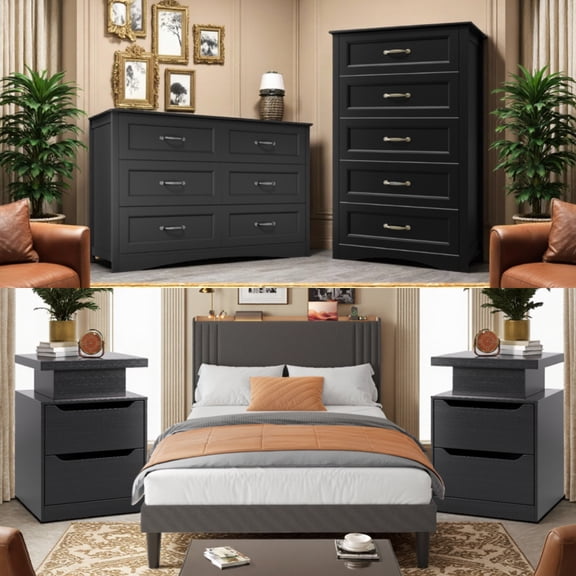 5-Piece Bedroom Furniture Set, Queen Platform Bed with Wingback Headboard, USB Charging Nightstand with LED Lights, Tall 5-Drawer and Wide 6-Drawer Dresser with Anti-Tip Safety - Dark Gray & Black