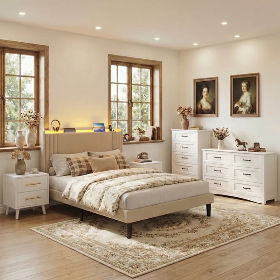 3-Piece Bedroom Furniture Set, Queen Platform Bed with Wingback Headboard, USB Charging Nightstand with LED Lights, Tall 5-Drawer and Wide 6-Drawer Dresser with Anti-Tip Safety - Beige&White
