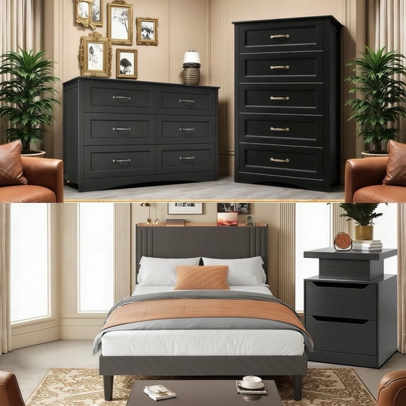 4-Piece Bedroom Furniture Set, Queen Platform Bed with Wingback Headboard, USB Charging Nightstand with LED Lights, Tall 5-Drawer and Wide 6-Drawer Dresser with Anti-Tip Safety - Dark Gray & Black