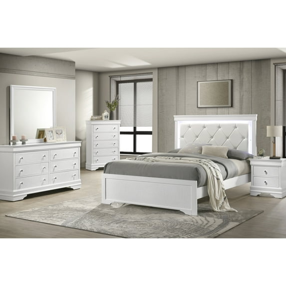 5 Piece Bedroom In White - Led Headboard & Smooth-operating Drawers Modern With Pc Full