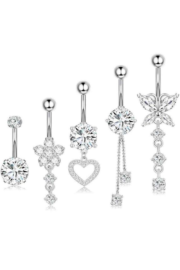 5-Piece Belly Button Ring Set, Belly Button Piercing Jewelry, Dangle Belly Button Rings, Stainless Steel Belly Rings for Women, Cute Heart-Shaped Bow Flower Pregnancy Belly Rings