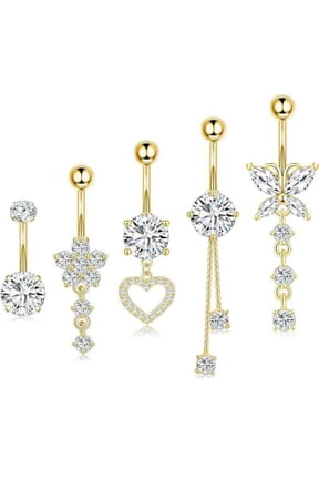 5-Piece Belly Button Ring Set, Belly Button Piercing Jewelry, Dangle Belly Button Rings, Stainless Steel Belly Rings for Women, Cute Heart-Shaped Bow Flower Pregnancy Belly Rings