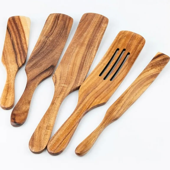 5 Piece Best Wooden Spurtle Cooking Kitchenware Set, Wooden Spoons for Cooking, Natural Teak Wooden Spatula for Cooking, Stirring, Mixing, Serving,Sourdough Starter Spatula