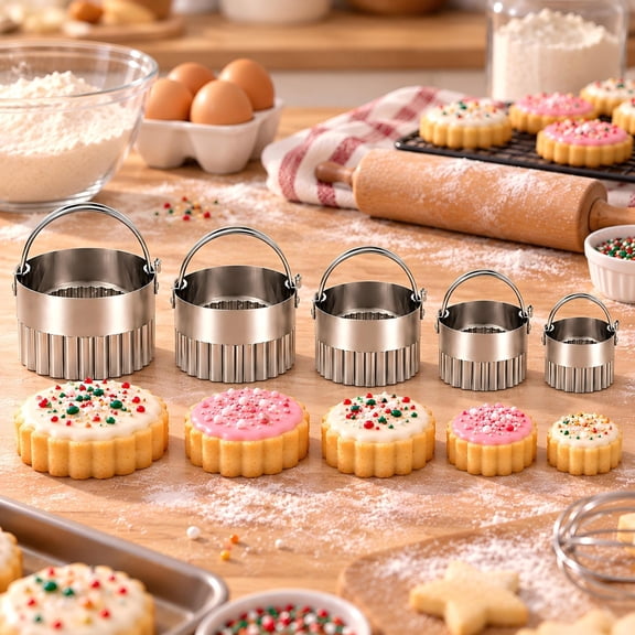 5 Piece Biscuit Cutter Set, Flower Round Cookies Cutter with Handle, Stainless Steel Baking Molds for Sandwiches, Biscuits, Cake