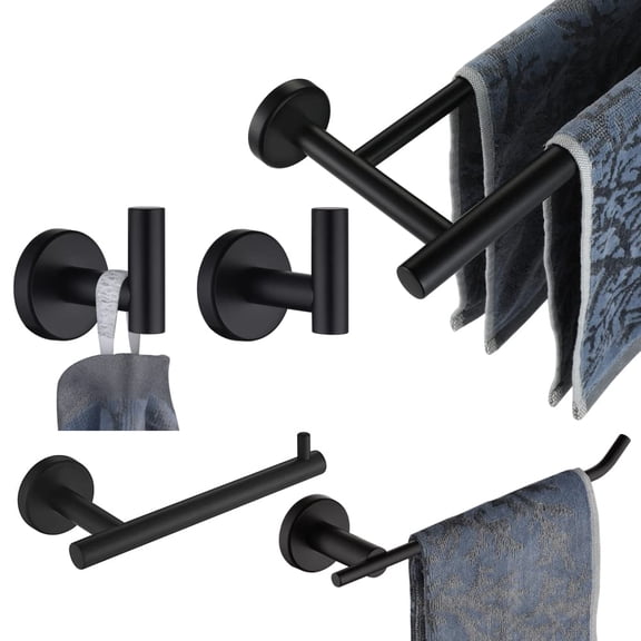 5-Piece Black Bath Accessories Set Wall Mount Towel Bar Hardware