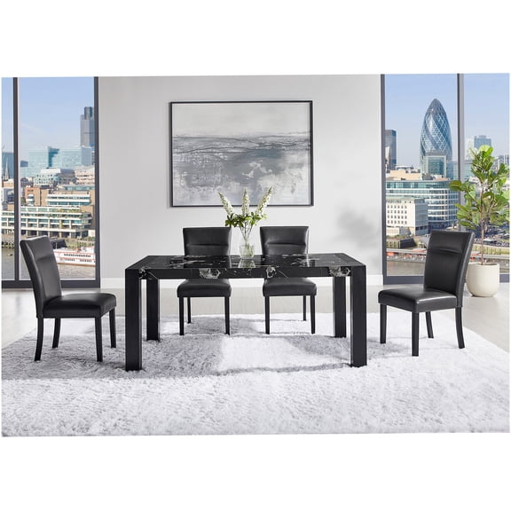 5-Piece Black Dining Set with Faux Marble Table & Charcoal Upholstered Chairs