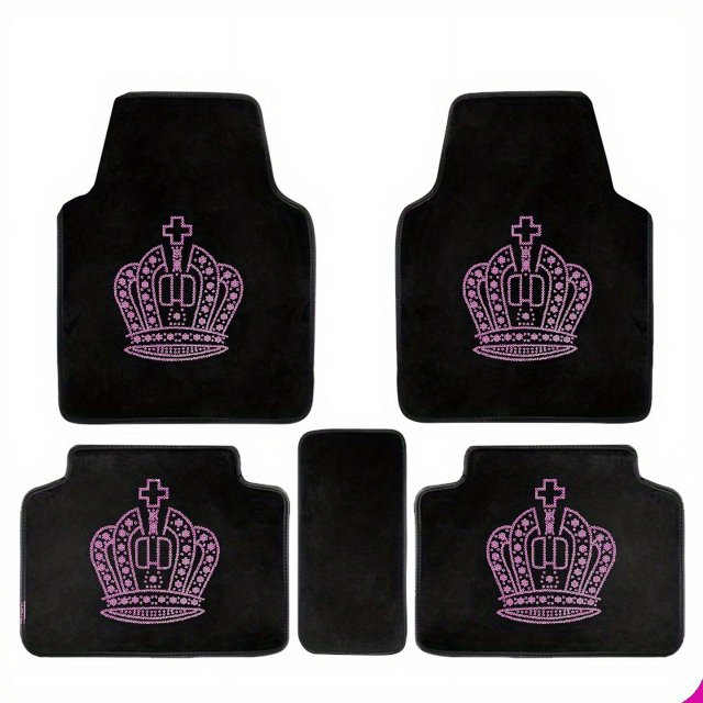 5Piece Bling Crown Rhinestone Car Floor Mats Plush Soft Surface