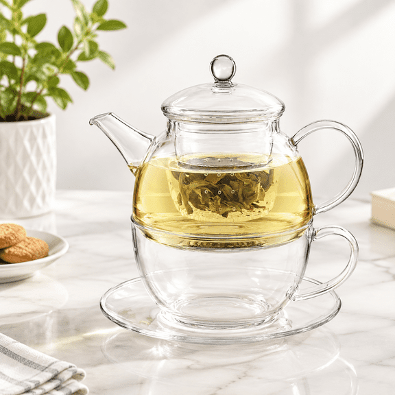 5-Piece Borosilicate Glass Tea-for-One Set with Cup, Saucer and Infusers