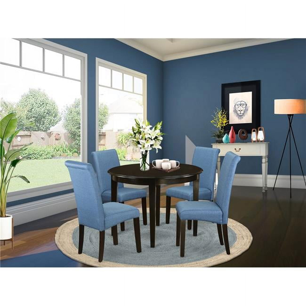 5 Piece Boston Small Round Kitchen Table with Linen Blue Fabric Parson Chairs with Cappuccino ...