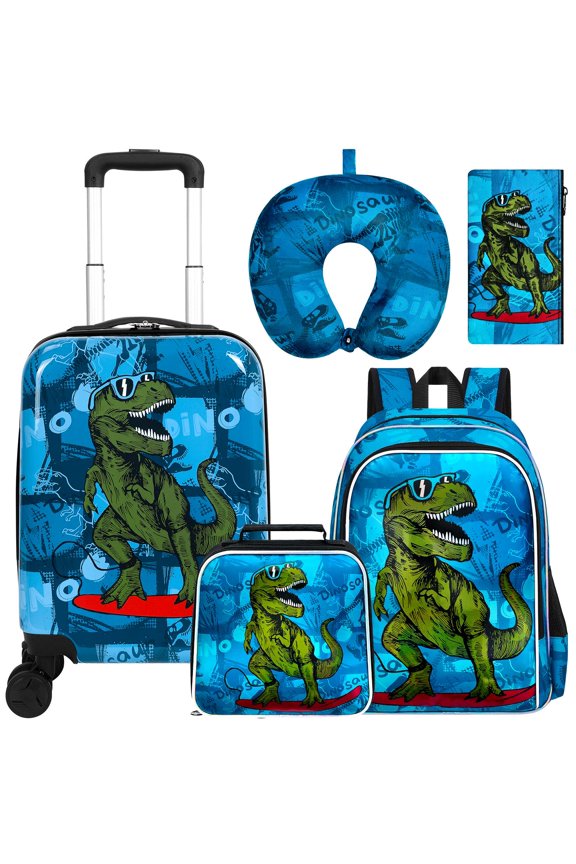 5-Piece Boys Luggage Set Playful Hardshell Kids Suitcase with 360 Spinner Wheels, Lightweight Airline-Approved Carry-On (16") Set for Travel, Skateboard Dinosaur