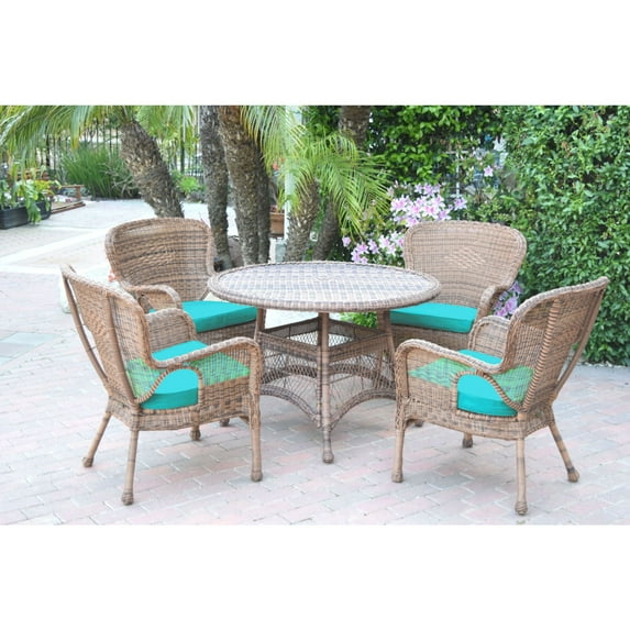 5-Piece Brown Outdoor Furniture Patio Dining Set - Sky Blue Cushions