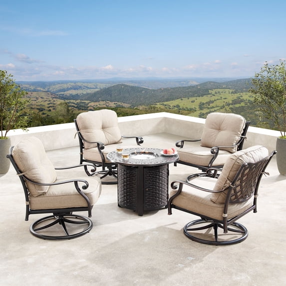 5-Piece Brown and Black Outdoor Patio Round Fire Table with Four Swivel Rocking Chairs 34"