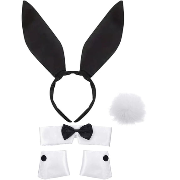 Vjnyvs 5-Piece Bunny Ears Headband Set,Bow Tie Collar, Cuffs & Tail Kit, Black, 1 Set