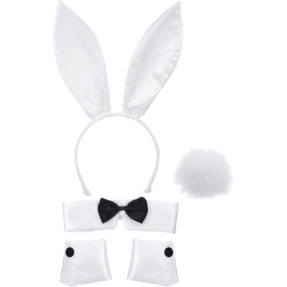 Vjnyvs 5-Piece Bunny Ears Headband Set,Bow Tie Collar, Cuffs & Tail Kit, White, 1 Set