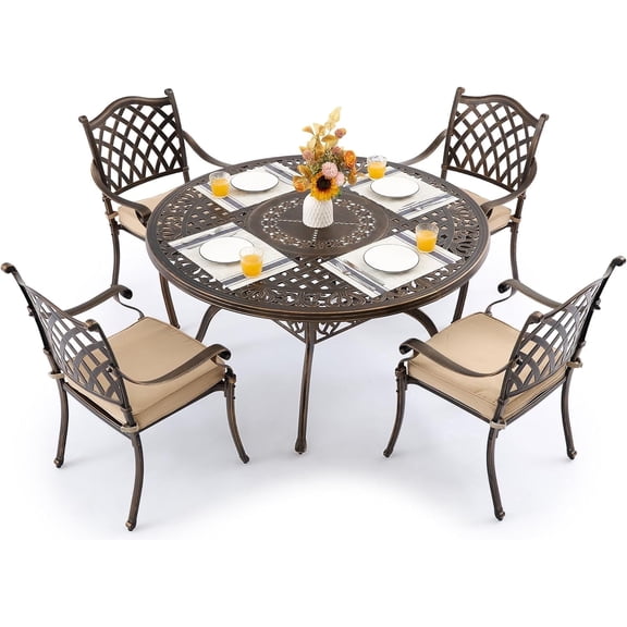 5 Piece Cast Aluminum Outdoor Dining Set Patio Dining Set for 4 Includes 54” Round Table 4 Lattice Classic Chairs with Cushions and Umbrella Hole