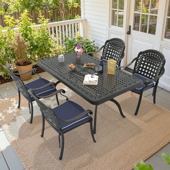 Hzzkey 5-Piece Rectangle Cast Aluminum Patio Set , Blue Cushions , Umbrella Hole , Black