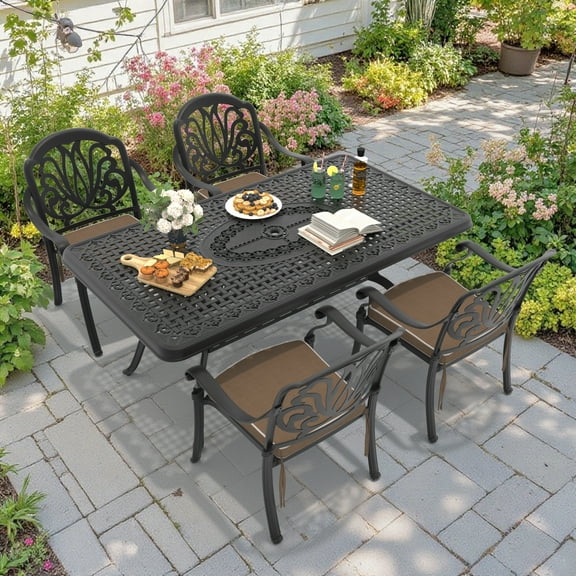 Hzzkey 5-Piece Black Cast Aluminum Patio Dining Set with Brown Cushions & Umbrella Hole