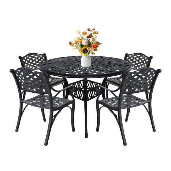 5-Piece Cast Aluminum Outdoor Patio Dining Set, Metal Bistro Table and Chairs,Wrought Iron Patio Bistro Set with 1.7" Umbrella Hole for Outside Porch Deck,Black